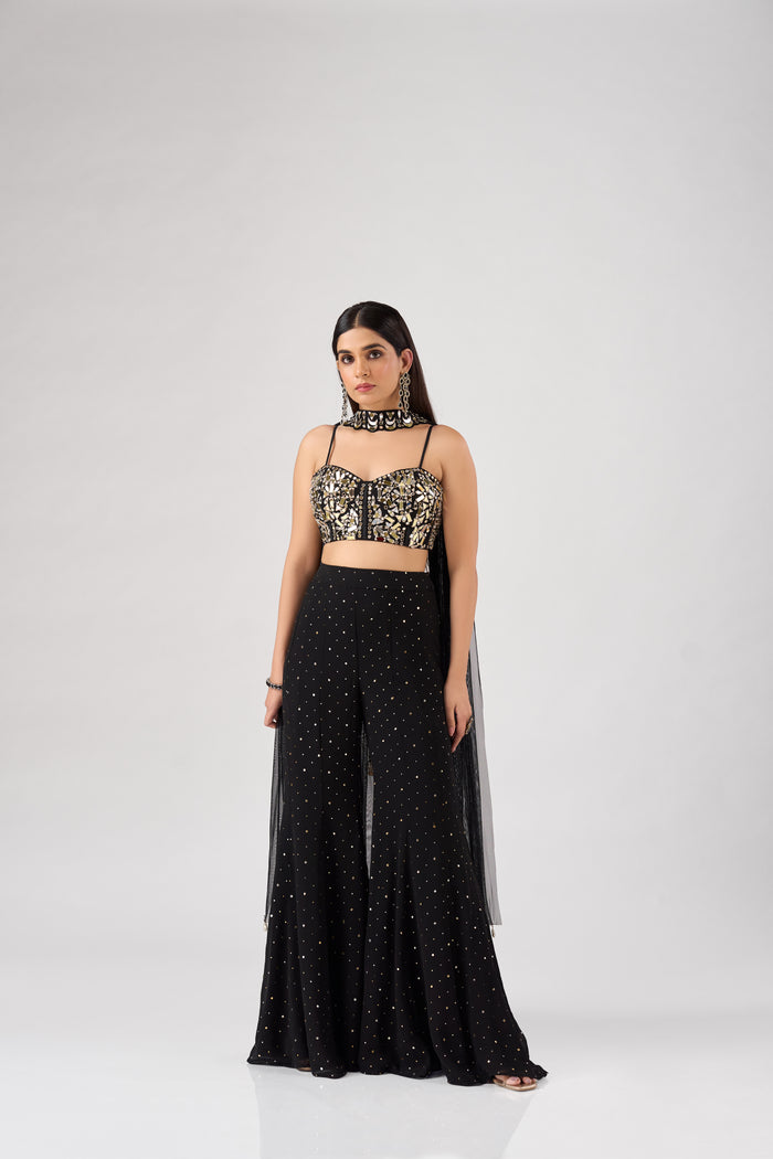 BLACK MIRROR EMBROIDERED CORSET SHARARA SET | Nishly Fashion House