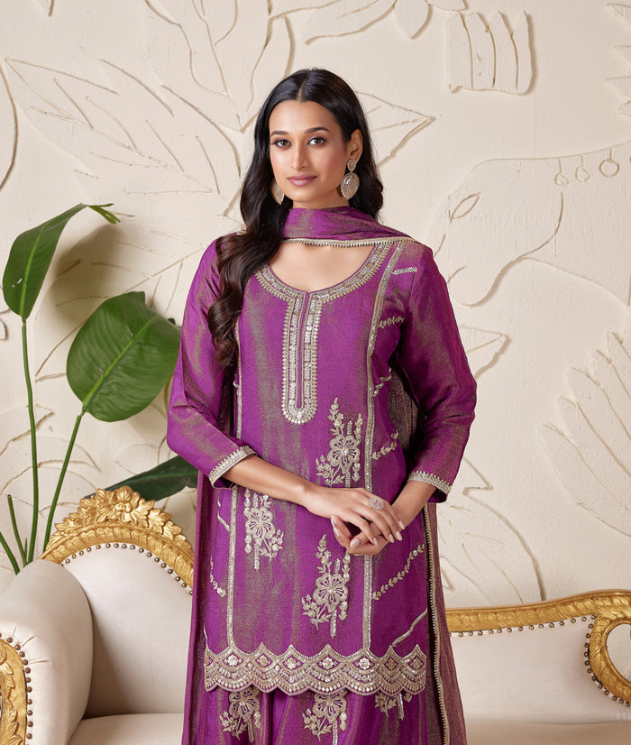PURPLE EMBROIDERED TISSUE SHARARA SET | Nishly Fashion House