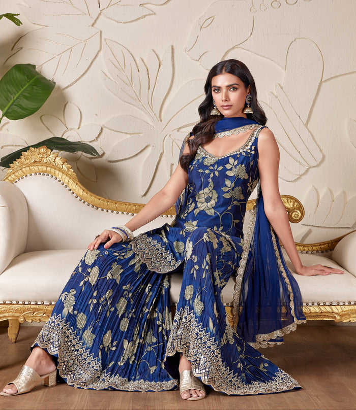 BLUE EMBROIDERED FLORAL PRINT SHARARA SET | Nishly Fashion House