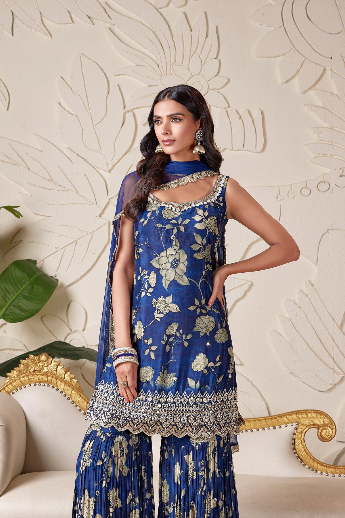 BLUE EMBROIDERED FLORAL PRINT SHARARA SET | Nishly Fashion House