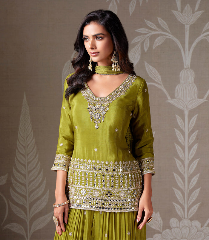 GREEN SEQUINS EMBROIDERED CHIFFON SHARARA SET | Nishly Fashion House