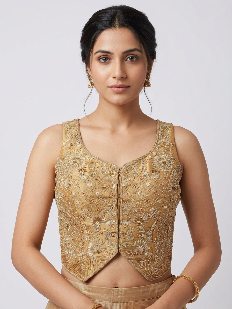 GOLD TISSUE SILK EMBROIDERED LEHENGA SET