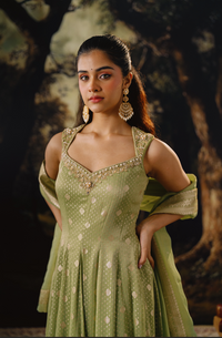 GREEN TISSUE SILK ZARDOSI EMBROIDERED ANARKALI SUIT SET
