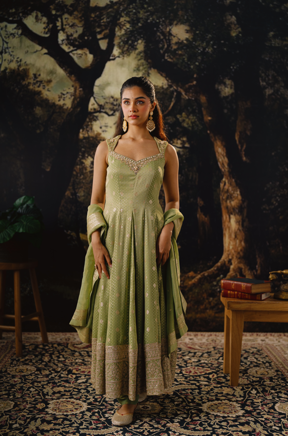 GREEN TISSUE SILK ZARDOSI EMBROIDERED ANARKALI SUIT SET