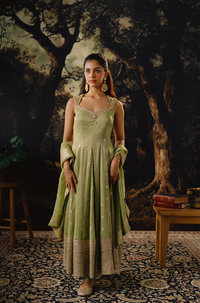 GREEN TISSUE SILK ZARDOSI EMBROIDERED ANARKALI SUIT SET