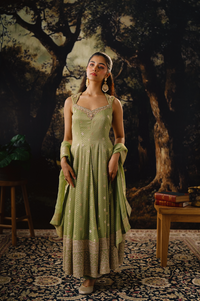 GREEN TISSUE SILK ZARDOSI EMBROIDERED ANARKALI SUIT SET