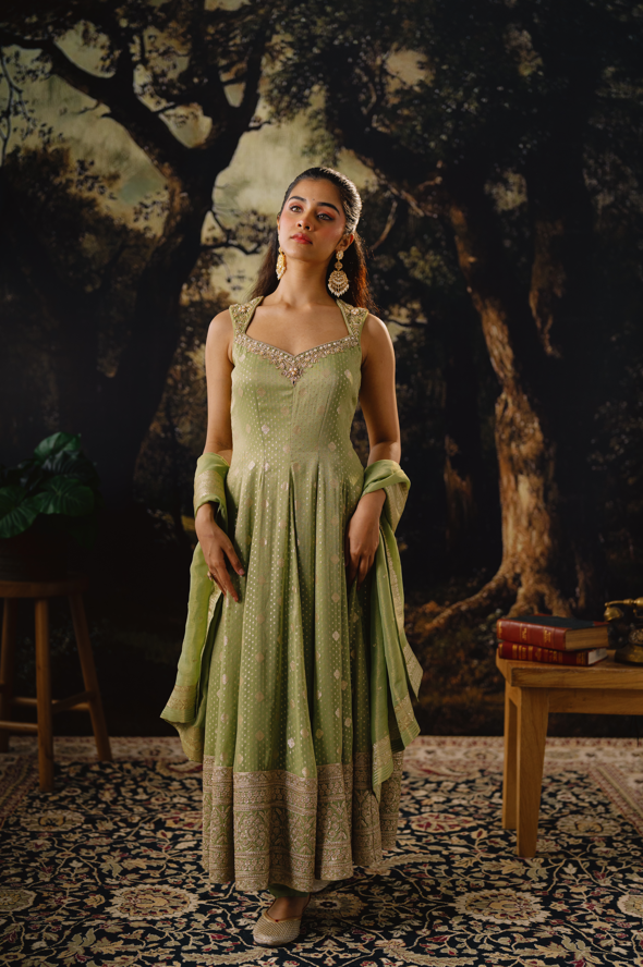 GREEN TISSUE SILK ZARDOSI EMBROIDERED ANARKALI SUIT SET