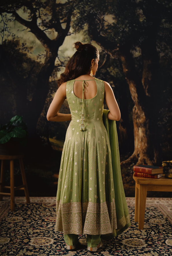 GREEN TISSUE SILK ZARDOSI EMBROIDERED ANARKALI SUIT SET