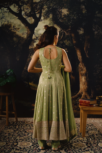 GREEN TISSUE SILK ZARDOSI EMBROIDERED ANARKALI SUIT SET