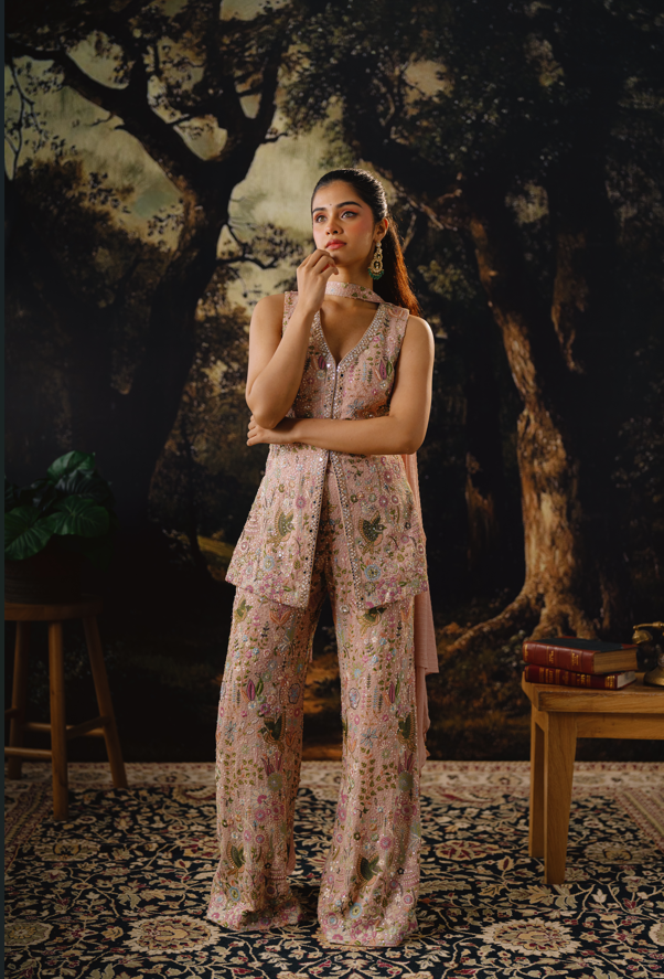 PINK GEORGETTE SEQUINS EMBROIDERED SHARARA SET