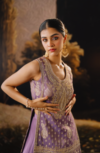 PURPLE BANARASI EMBROIDERED TISSUE SILK INDOWESTERN SHARARA SET