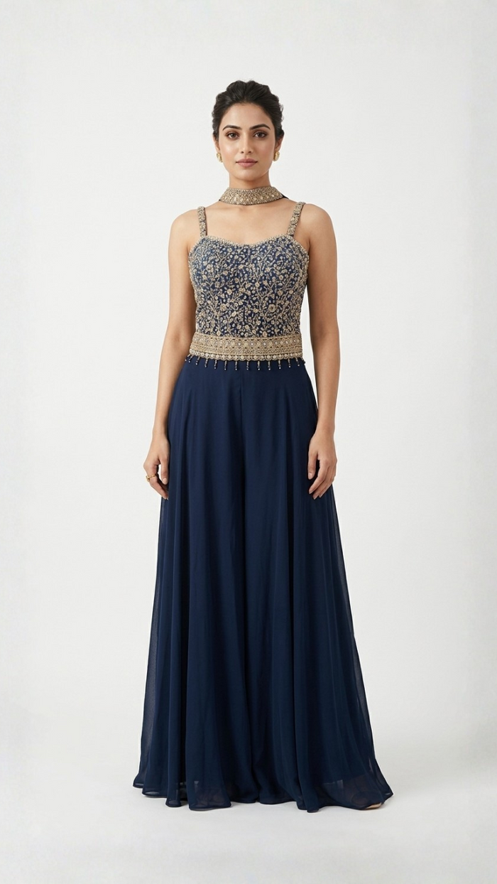 BLUE SEQUINS EMBELLISHED CORSET SHARARA SET