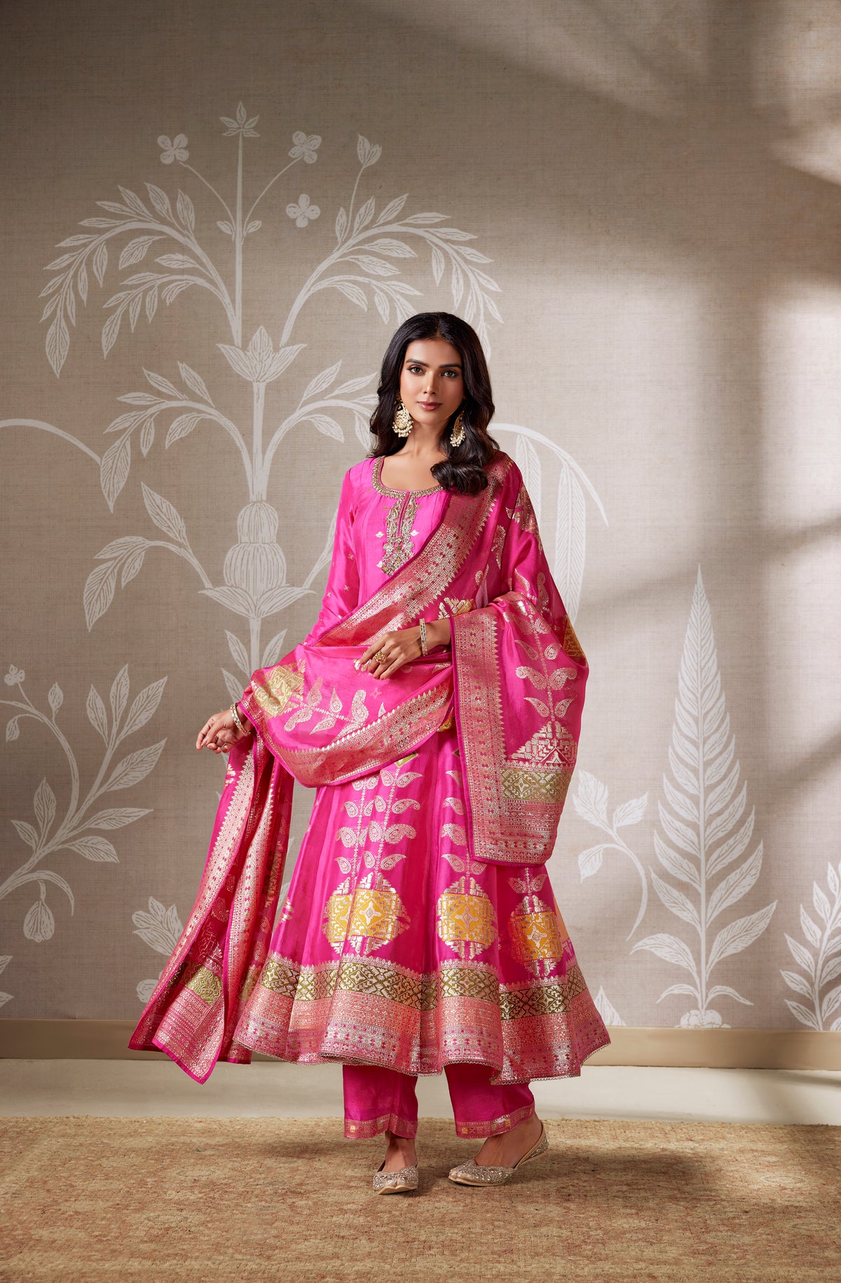 PINK BANARASI SILK EMBROIDERED ANARKALI SET | Nishly Fashion House