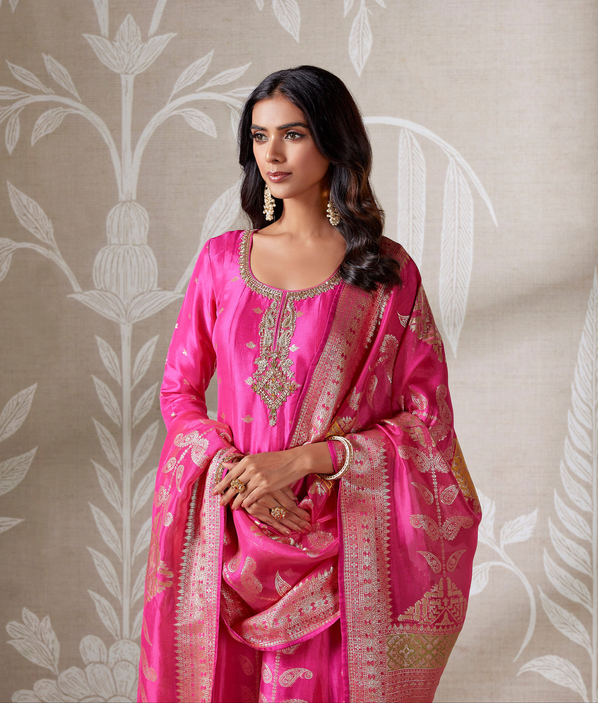 PINK BANARASI SILK EMBROIDERED ANARKALI SET | Nishly Fashion House