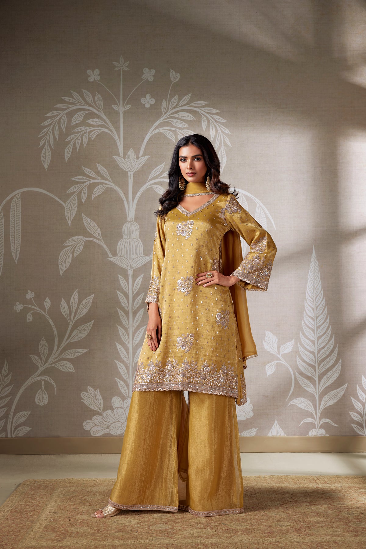YELLOW SEQUINS EMBROIDERED SHARARA SUIT SET | Nishly Fashion House