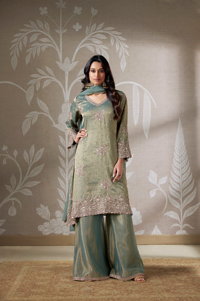 GREEN SEQUINS EMBROIDERED SHARARA SUIT SET | Nishly Fashion House