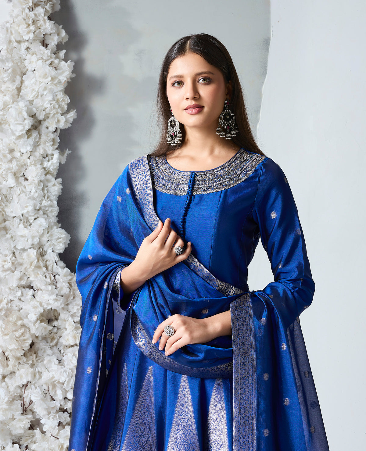 Elegant royal blue silk Anarkali set with traditional Zardozi work, perfect for mehndi, sangeet nights, pre-wedding functions and Indian party wear.