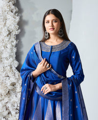 Elegant royal blue silk Anarkali set with traditional Zardozi work, perfect for mehndi, sangeet nights, pre-wedding functions and Indian party wear.