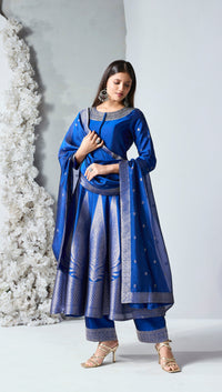 Royal blue short Anarkali suit with intricate Zardozi embroidery, premium ethnic wear for wedding guests, bridesmaids, festive parties and celebrations.