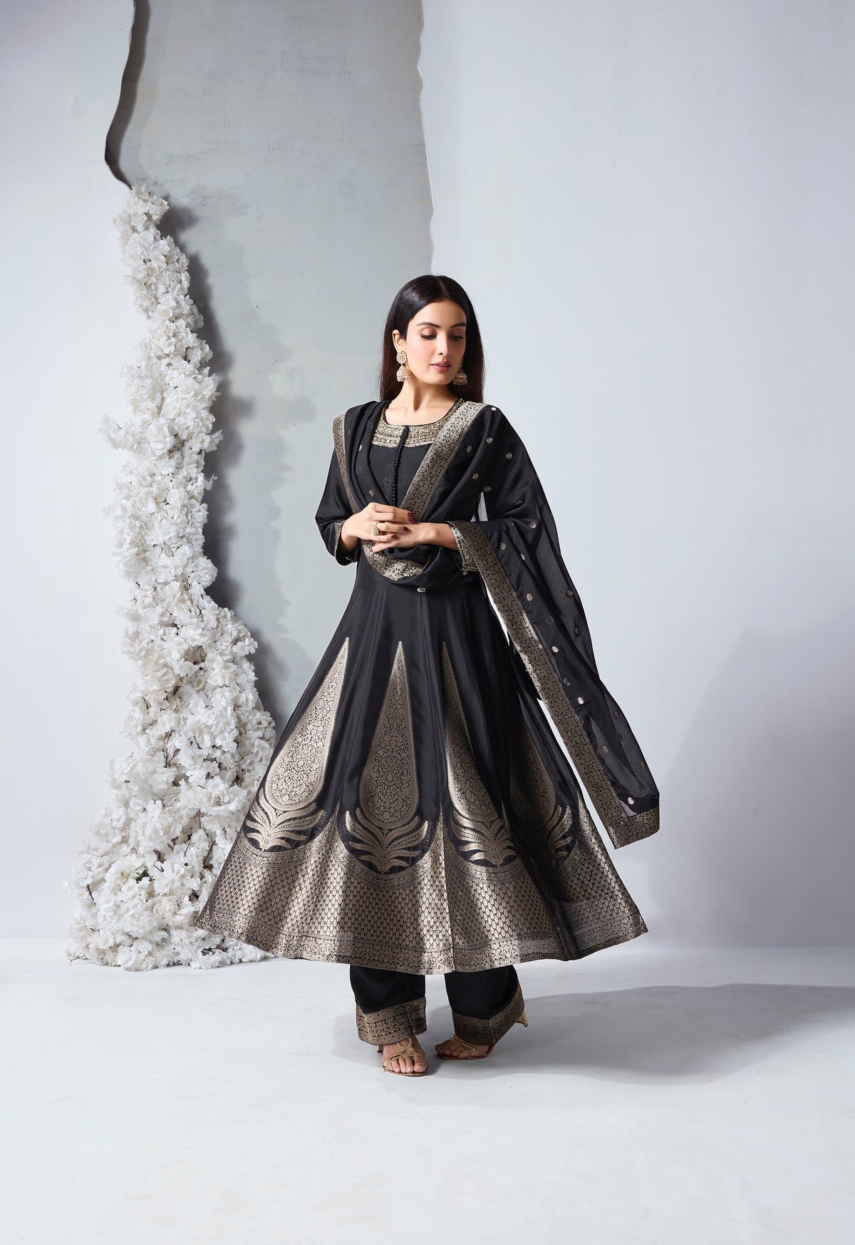 Black silk Zardozi embroidered Anarkali set for wedding and reception wear