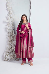 Wine silk Zardozi embroidered short Anarkali set for wedding, reception and festive wear
