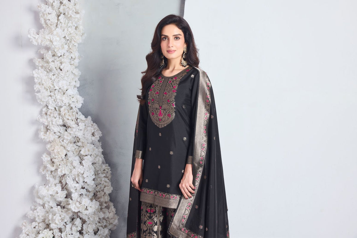 Elegant black silk sharara set with kameez and dupatta for wedding reception, party and evening wear