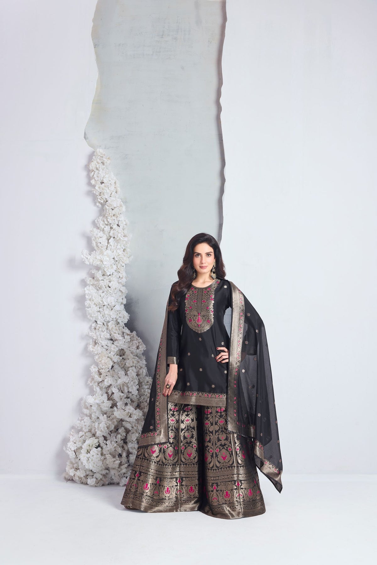 Black silk sharara suit with woven kameez and dupatta for wedding, sangeet and festive wear