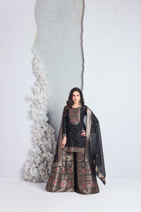 Black silk sharara suit with woven kameez and dupatta for wedding, sangeet and festive wear