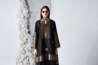 Women’s black woven silk dhoti kameez outfit with brass coin work for sangeet and festive occasions