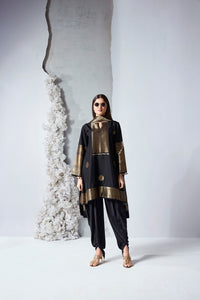 Black woven silk dhoti kameez set with brass coin detailing for festive and party wear