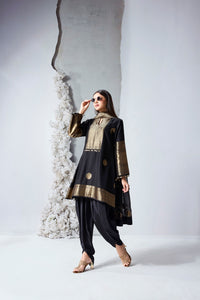 Black silk dhoti salwar set with woven detailing and dupatta for Diwali, weddings and celebrations