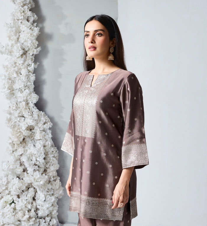 Mouse grey Banarasi silk co-ord set with embroidery, designer Indian outfit for Diwali and family celebrations