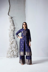 Blue silk salwar suit set with woven kameez and pant for weddings, festive occasions and parties