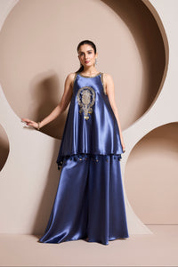 Aqua satin silk Zardozi embroidered co-ord set for wedding, sangeet and reception