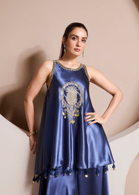 Aqua Zardozi embroidered satin silk co-ord set for festive and party wear occasions