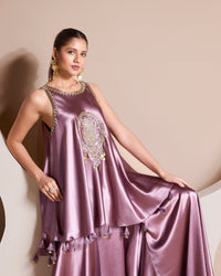 Lilac Zardozi embroidered satin silk co-ord set for reception and festive wear