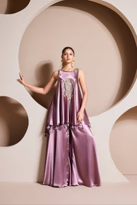 Lilac satin silk Zardozi embroidered co-ord set for wedding and sangeet