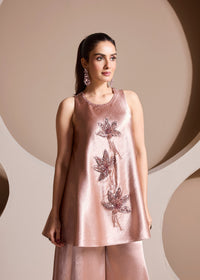 Rose gold embroidered satin silk co-ord party wear set for festive and evening occasions