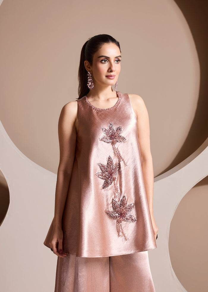 Rose gold embroidered satin silk co-ord party wear set for festive and evening occasions