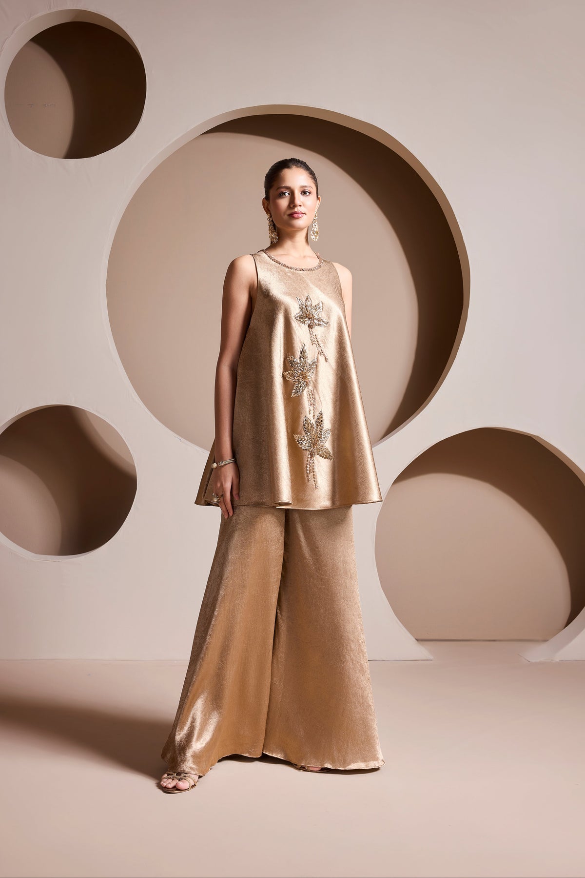Satin silk zardozi embroidered beige co-ord set for wedding and reception