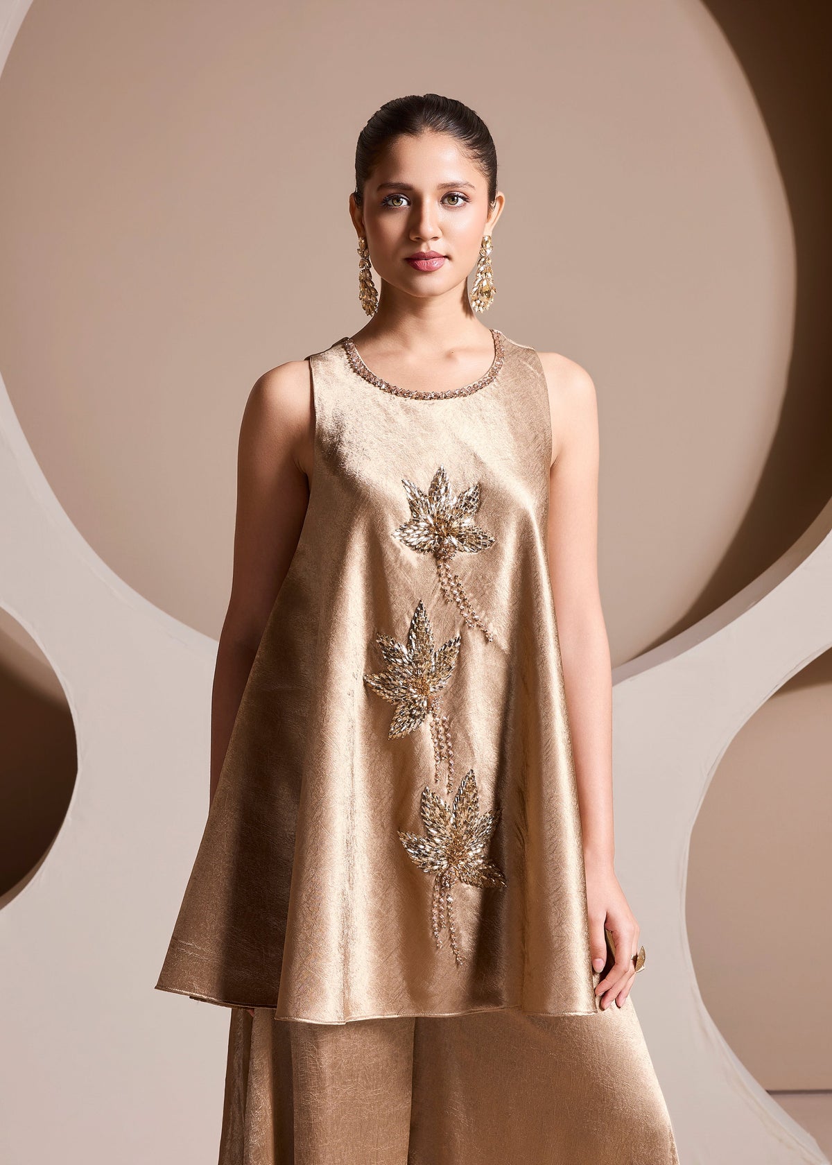 Beige zardozi embroidered satin silk co-ord set for sangeet, festive and party wear