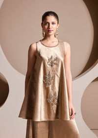 Beige zardozi embroidered satin silk co-ord set for sangeet, festive and party wear