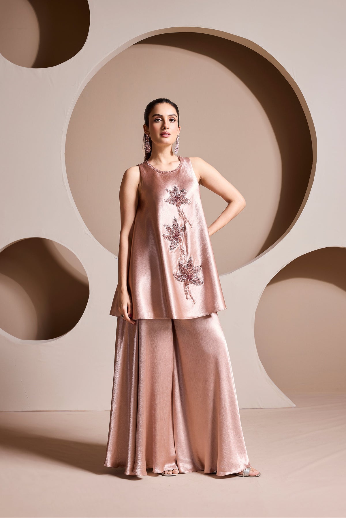 Rose gold satin silk stone embroidered co-ord set for wedding, sangeet and reception