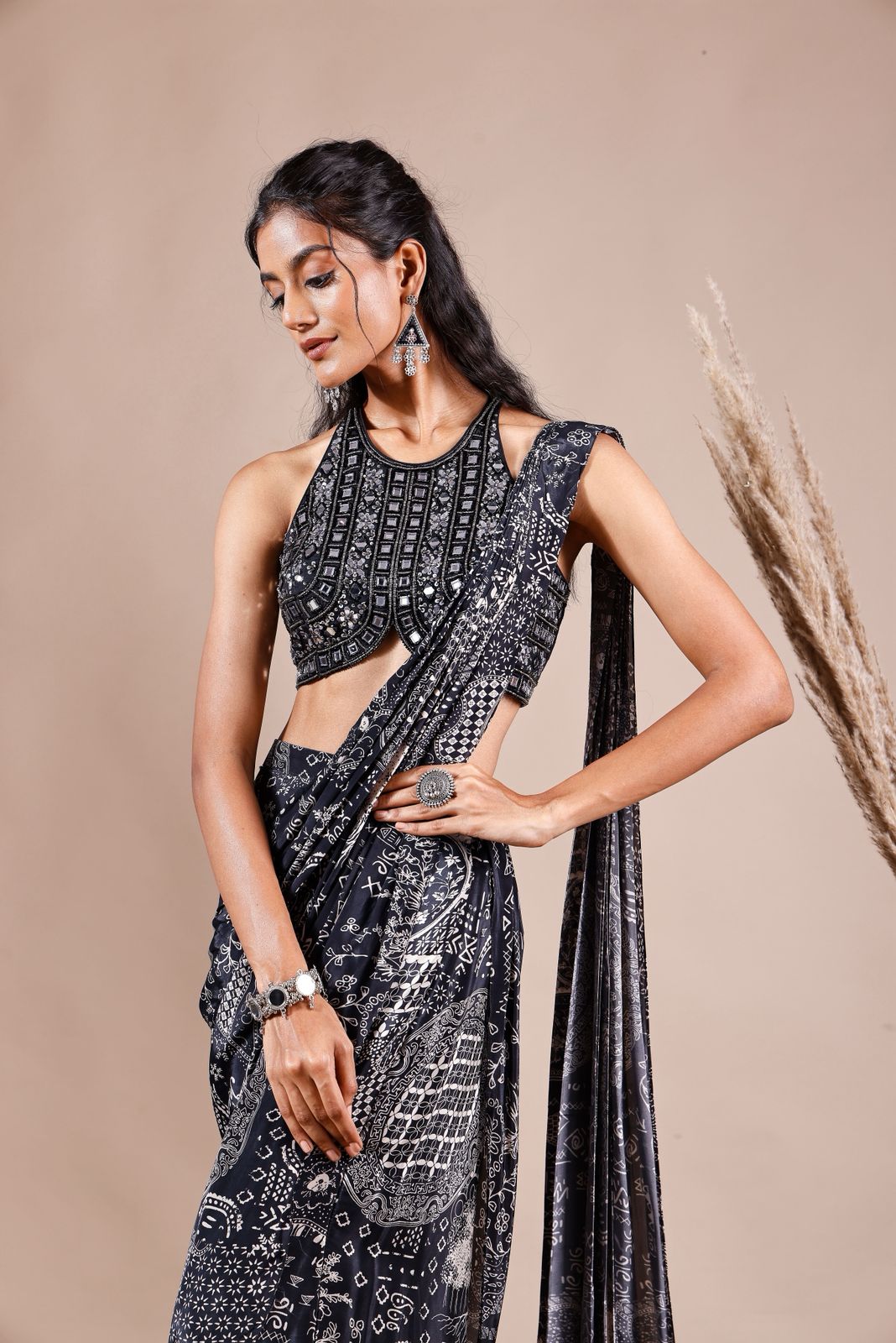 BLACK PRINTED READY TO WEAR SAREE WITH SLIT