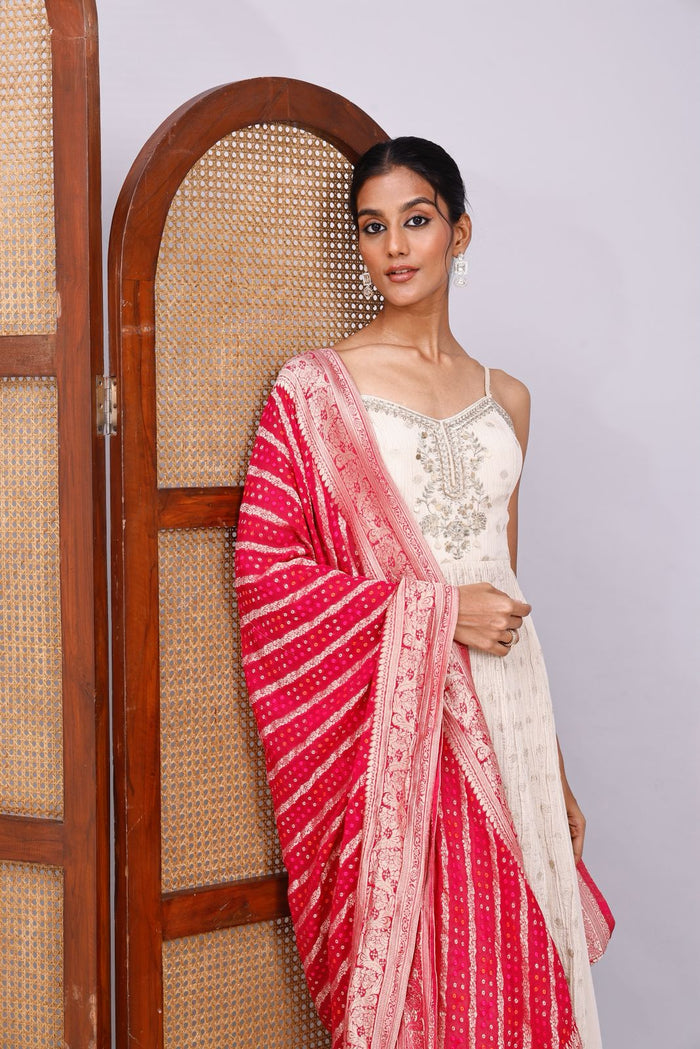 IVORY TISSUE SUIT SET WITH PINK BANARASI DUPATTA