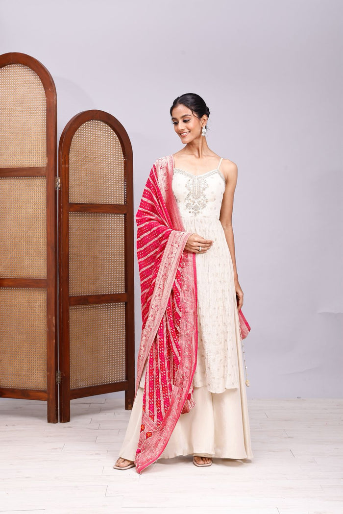 IVORY TISSUE SUIT SET WITH PINK BANARASI DUPATTA