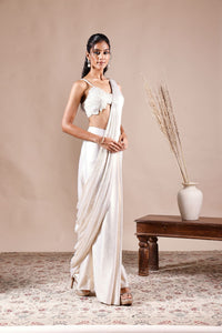 WHITE SATIN EMBROIDERED PE DRAPED SAREE | Nishly Fashion House