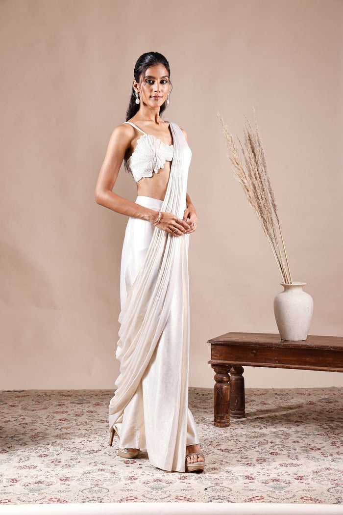 WHITE SATIN EMBROIDERED PE DRAPED SAREE | Nishly Fashion House