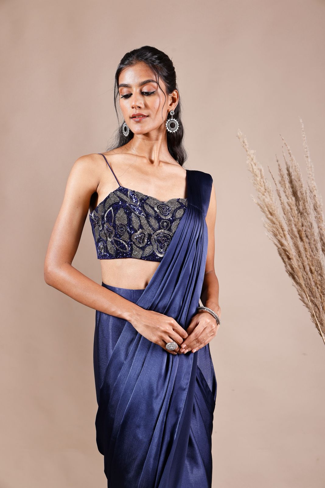 SEQUINS EMBROIDERED BLUE PRE DRAPED SAREE | Nishly Fashion House
