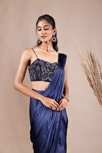 SEQUINS EMBROIDERED BLUE PRE DRAPED SAREE | Nishly Fashion House
